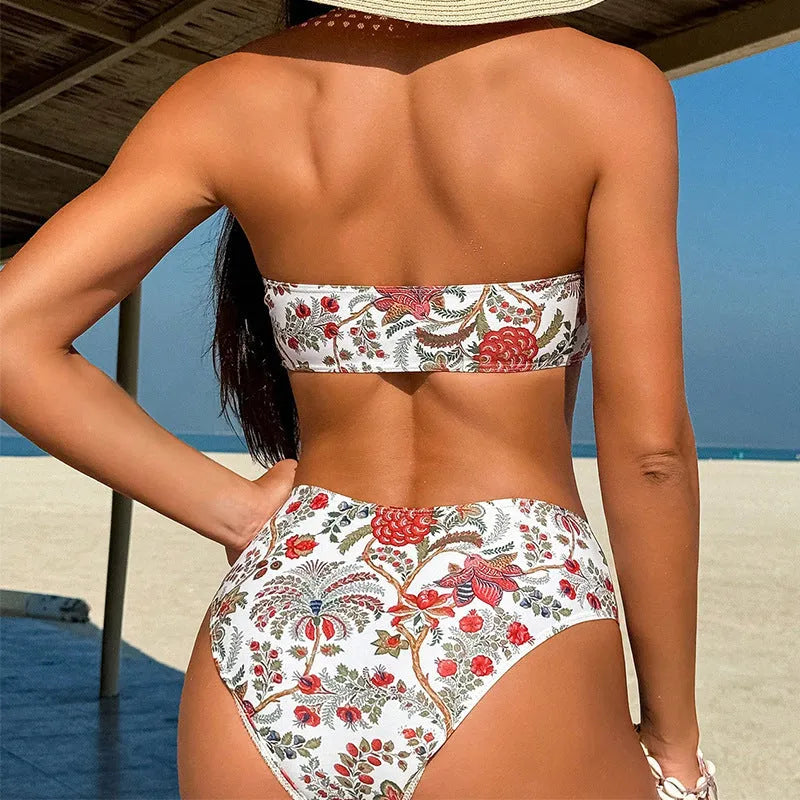 Women's printed bandeau swimsuit set with triangle top and matching shorts for beach swimming