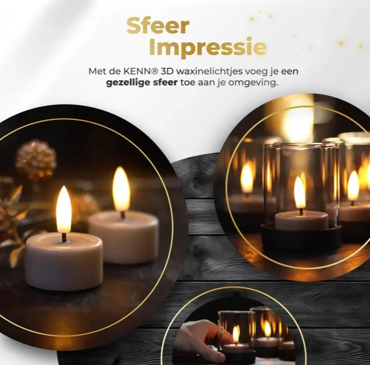 Four taupe-coloured LED tealight candles with realistic 3D flame effect on wooden surface