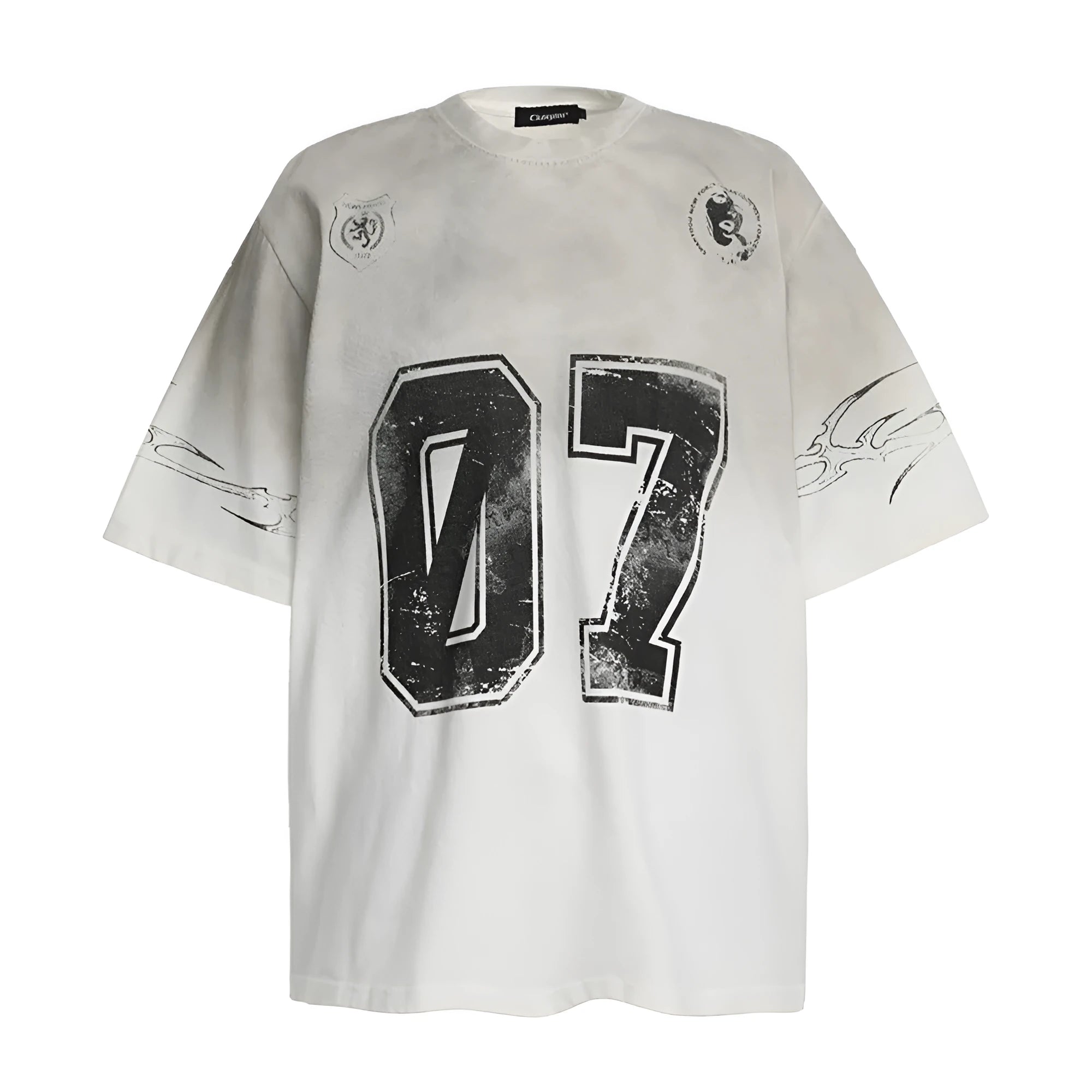 Men's black and white printed short-sleeve cotton T-shirt showing front design.