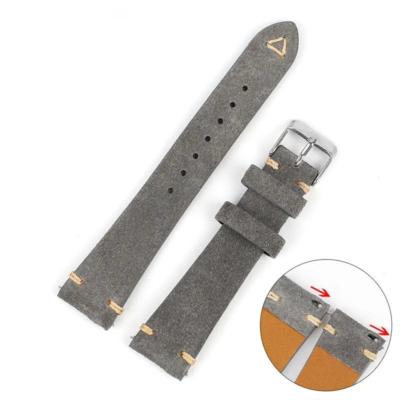 Brown suede genuine leather watch strap with exotic ethnic style design on a 20mm watch lug.