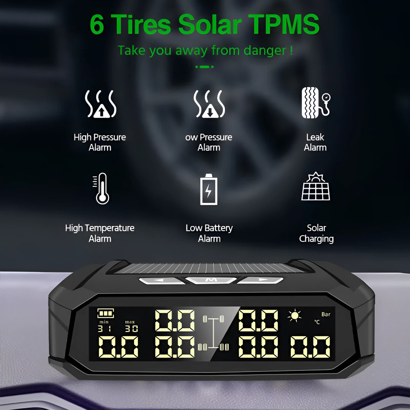 Solar external tyre pressure monitoring system with colour digital display for six-tyre vehicles