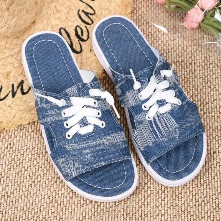 Blue Roman style women's canvas slippers with a cloth upper and rubber sole, shown in size 36-43.