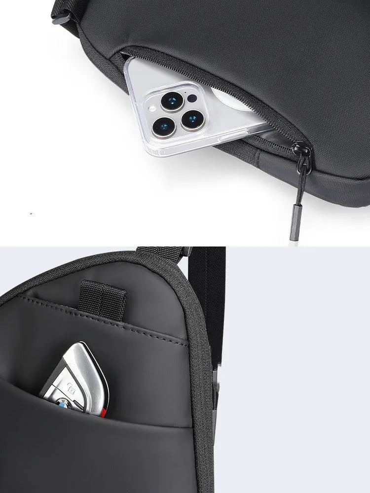 Men's elegant black Oxford cloth crossbody bag shown from the front.