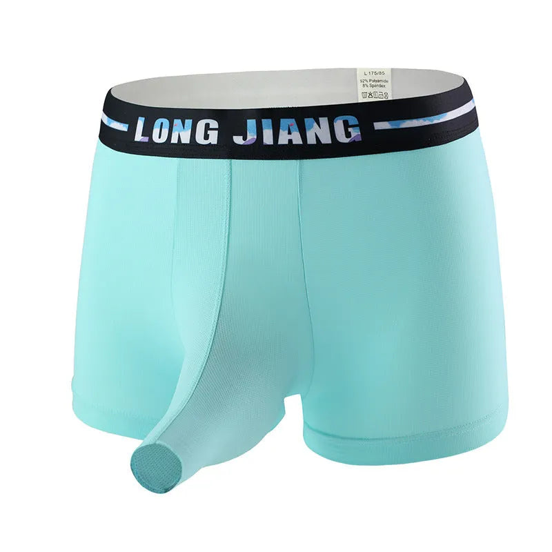 Men's Ice Silk trunk open boxers in grey blue colour, showing thin knitted fabric and mid waist design.