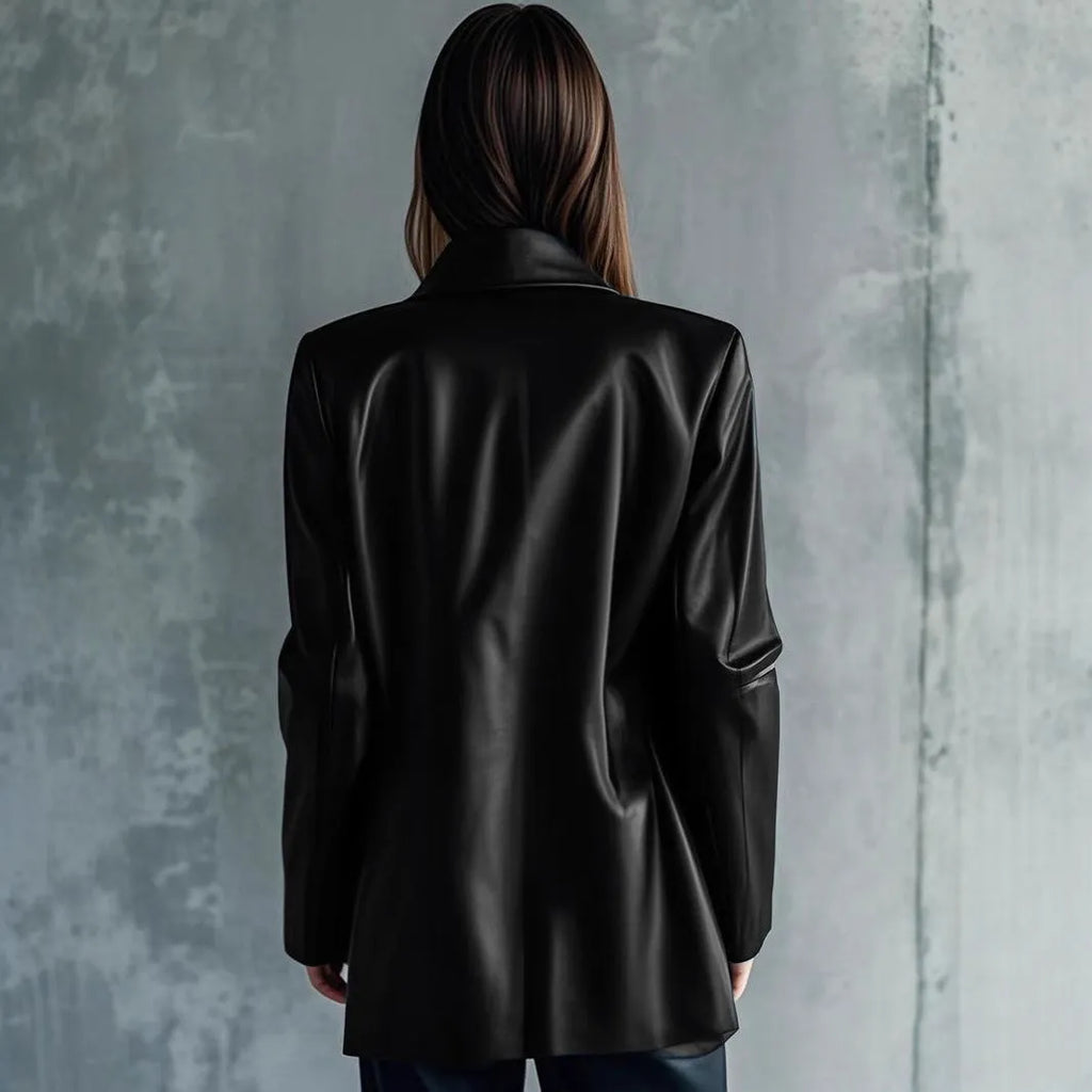 Black women's leather-style polyester jacket with medium 65cm length on a hanger.