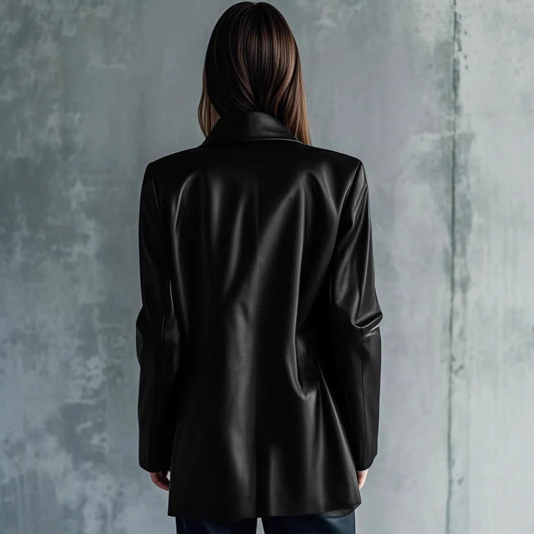 Black women's leather-style polyester jacket with medium 65cm length on a hanger.