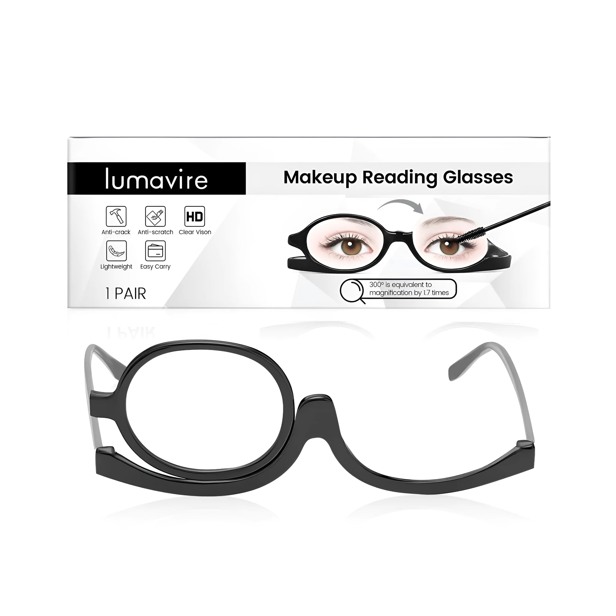 Makeup presbyopia glasses tool set with polycarbonate frame and acrylic lenses.