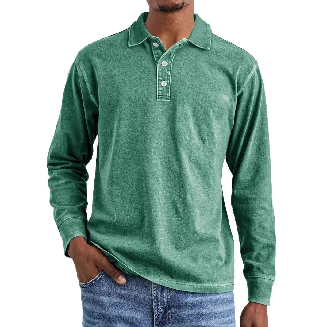 Retro washed distressed cotton lapel long sleeve polo shirt in pure cotton fabric