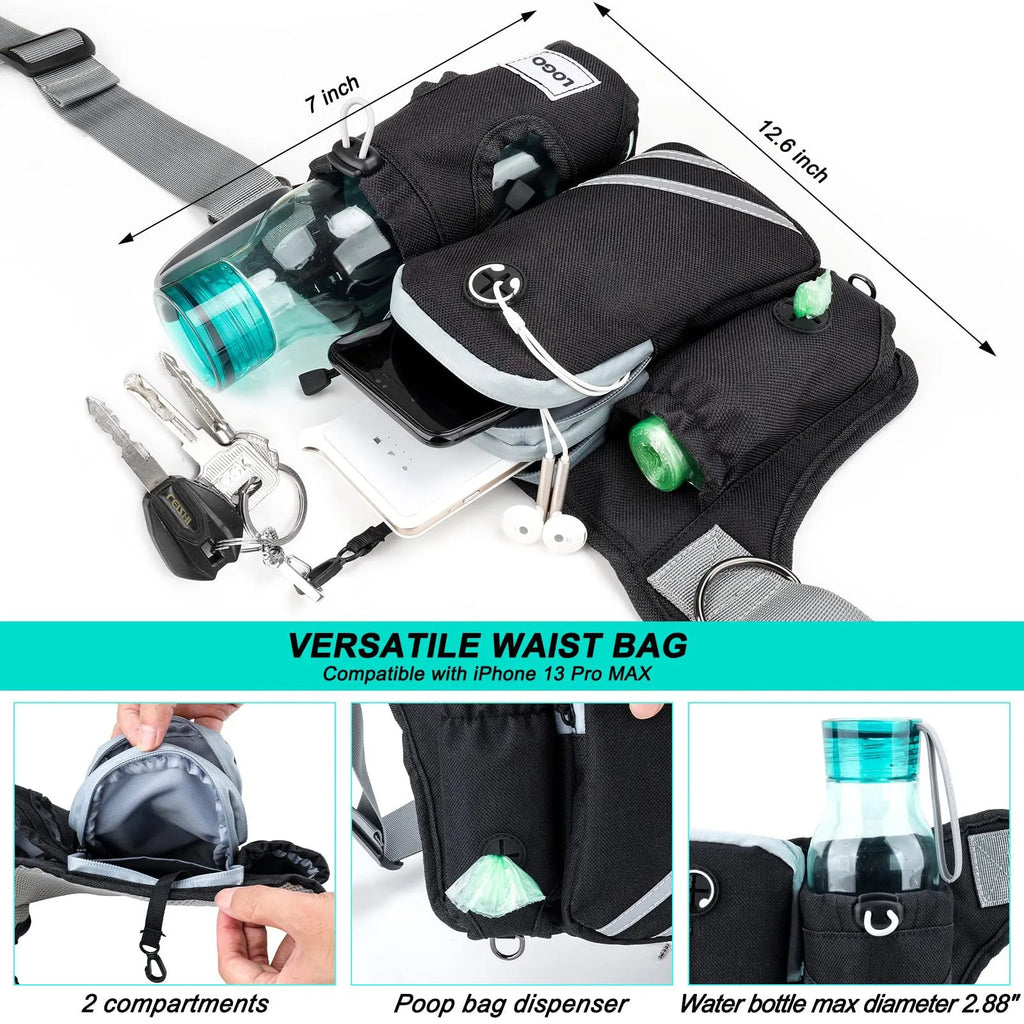 Black nylon outdoor pet training waist bag set with adjustable dog walking leash for hands-free control