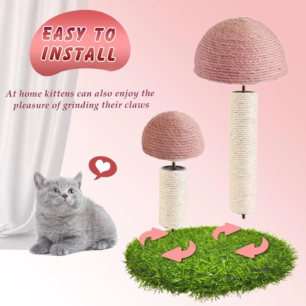 Pink mushroom-shaped cat scratching post with natural sisal fabric on mushroom cap and pole