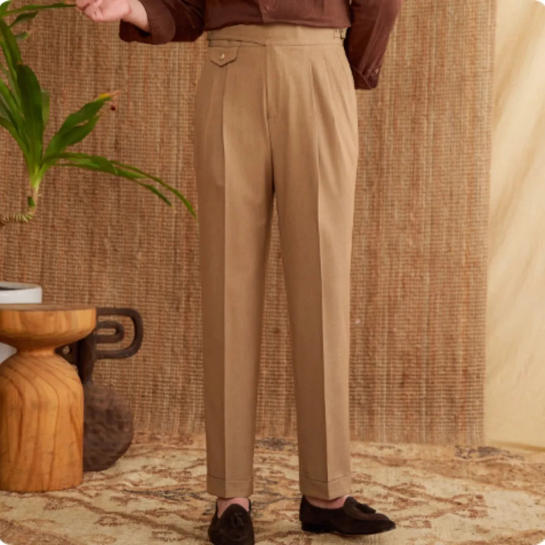 Men's slim fit straight leg business trousers in dark grey, made from wrinkle-resistant polyester fabric.