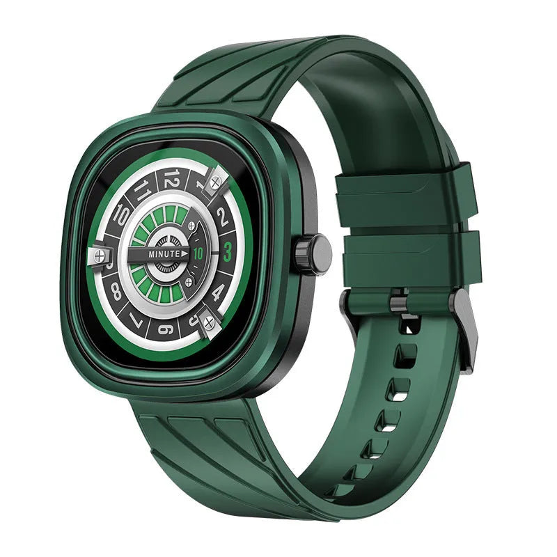 Smart sports bracelet watch with colour touch screen on a silicone wristband, shown in black, green, and pink.