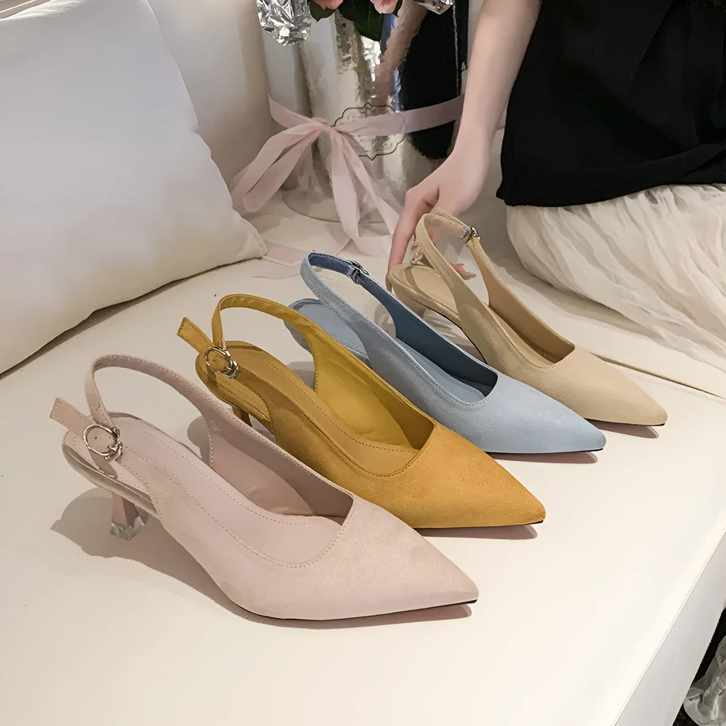 Women's stiletto heels with pointed toe in pink, blue, yellow, and apricot colours