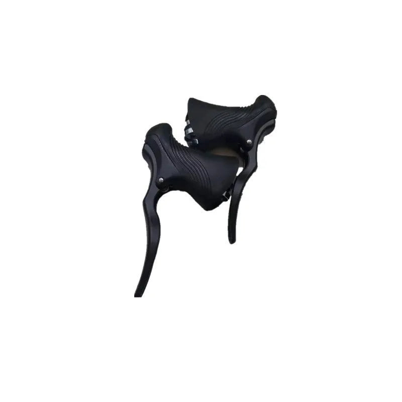 Pair of aluminium alloy road bicycle brake handles in black and black silver finish.