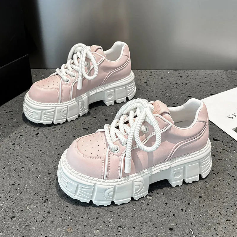Beige and pink spring casual leather shoes with muffin bottom design and rubber foam sole