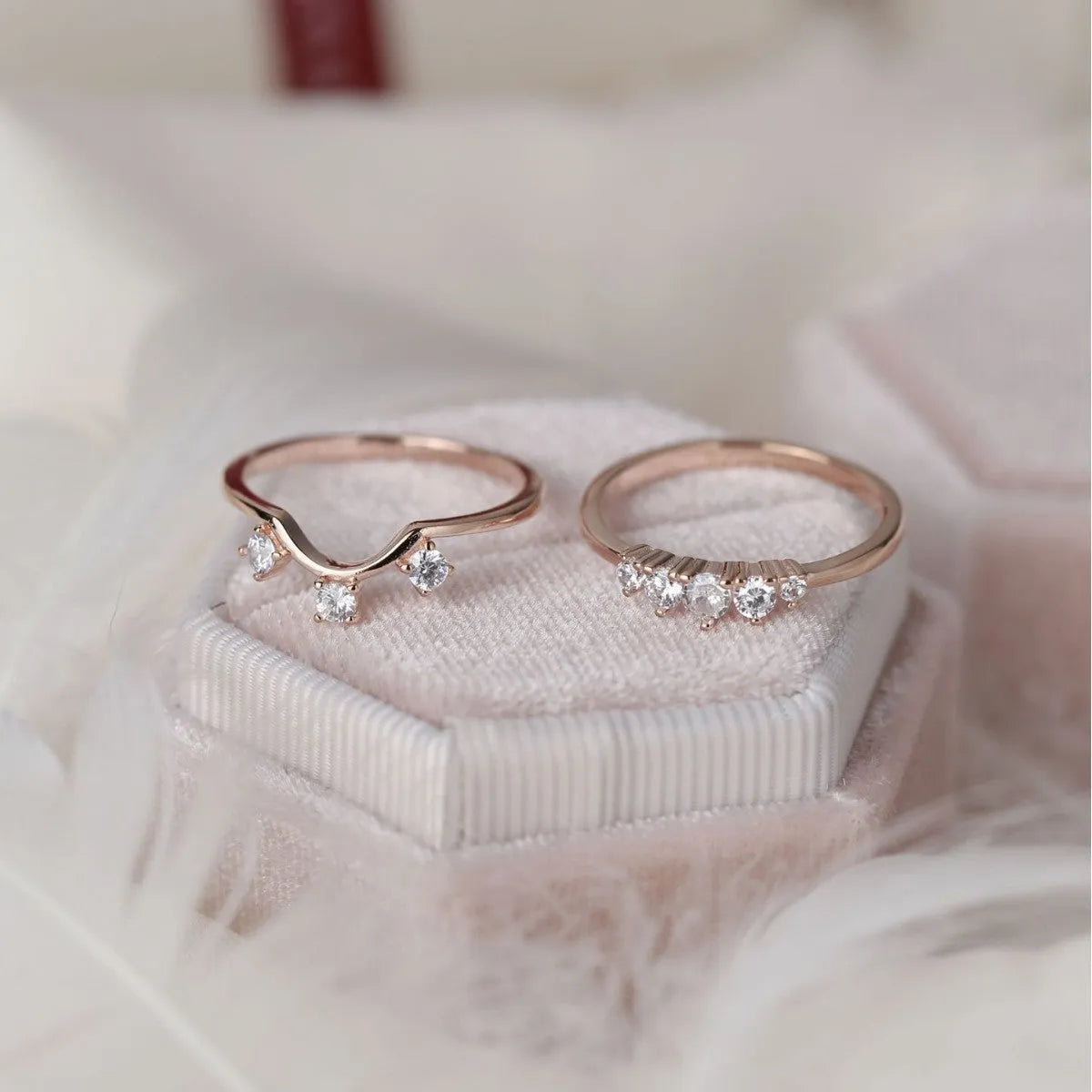 Silver multi-layer moonstone rose gold ring set of 3 on display, unisex geometric style
