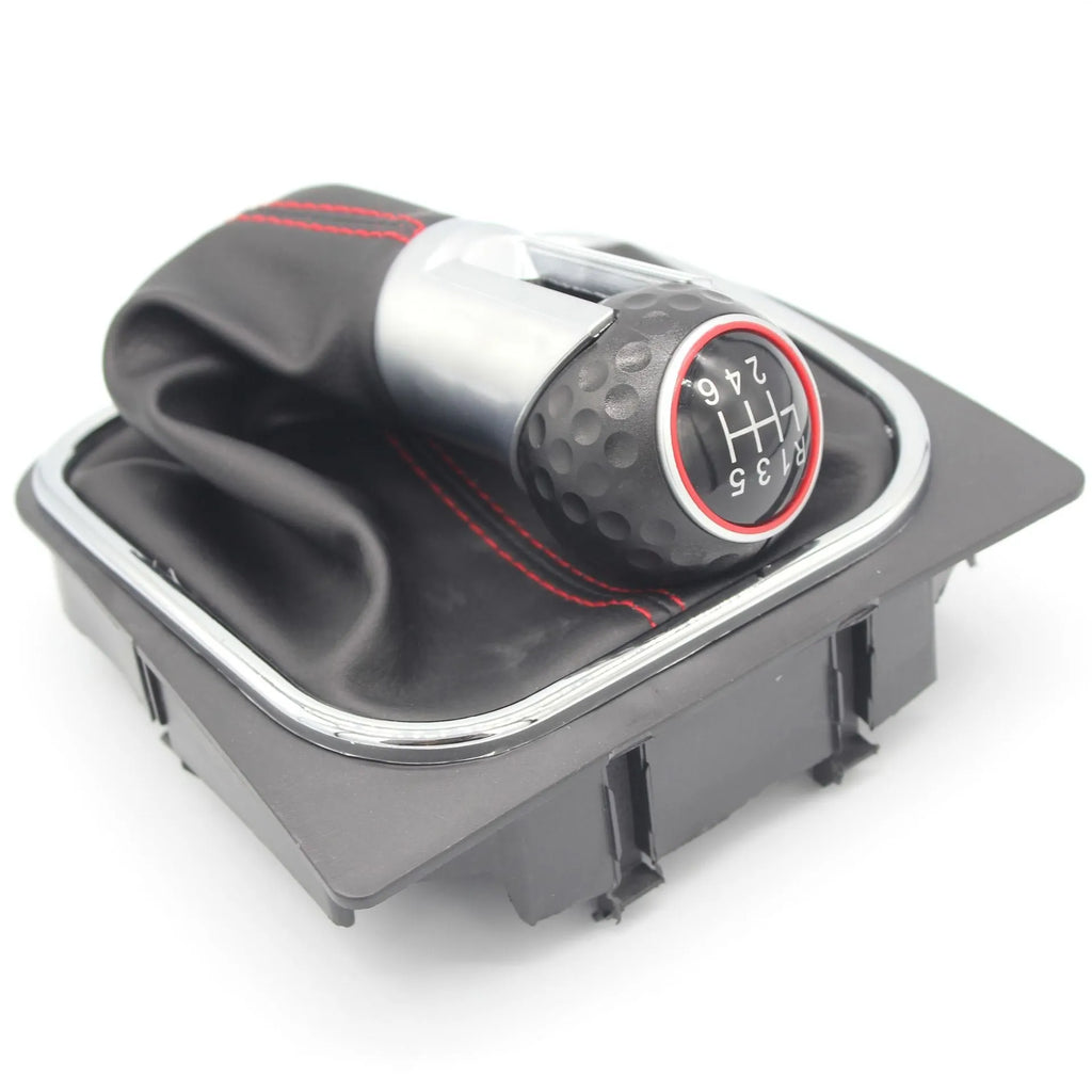 Leather gear lever handball knob for Volkswagen Golf models, showing 12mm installation hole.