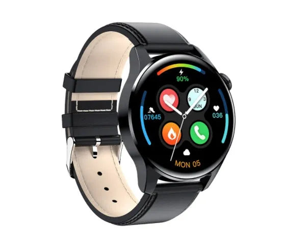 Smart watch with colour touch screen showing heart rate data, with a black silicone sports strap on a wrist.