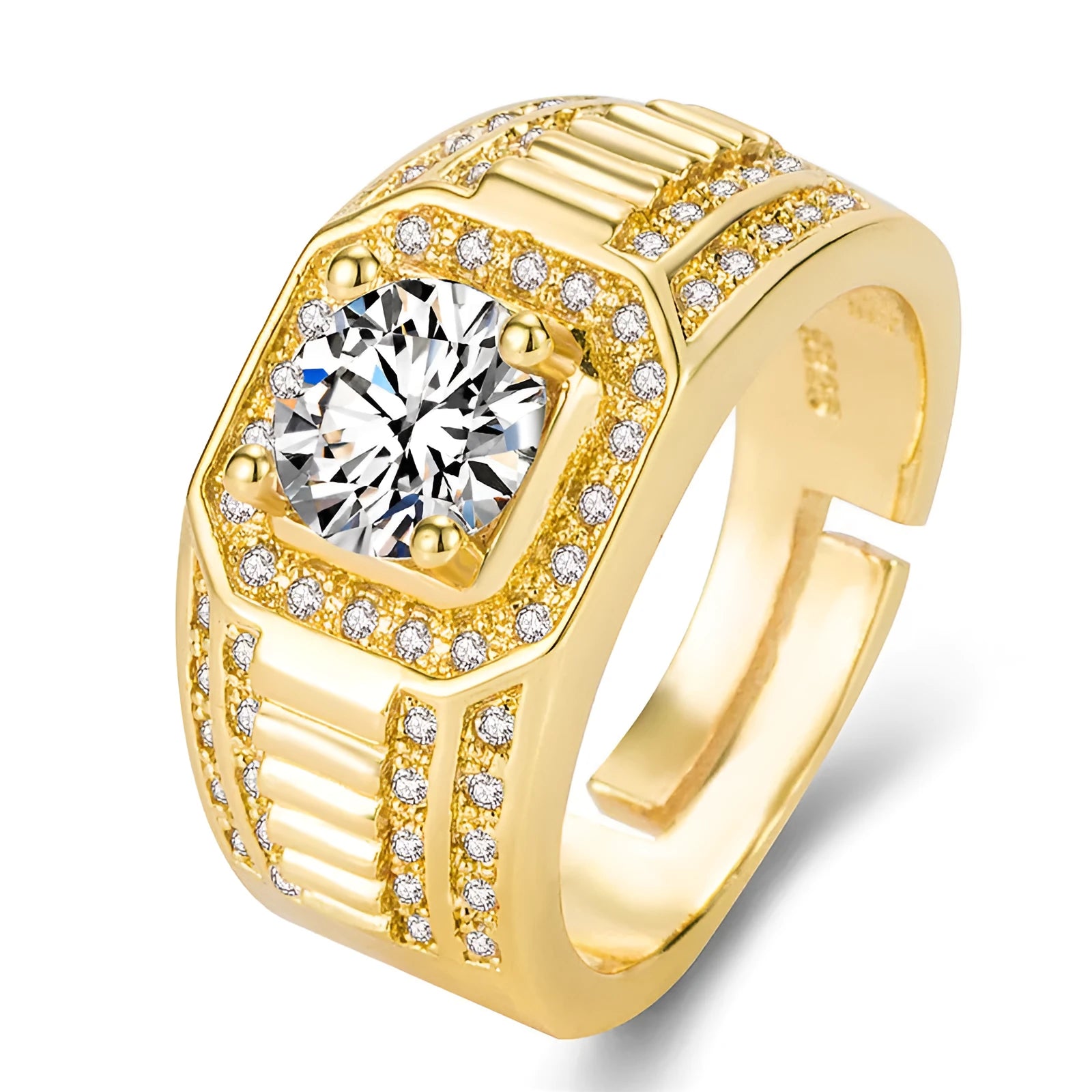 Men's adjustable square diamond ring in gold finish showing large geometric design