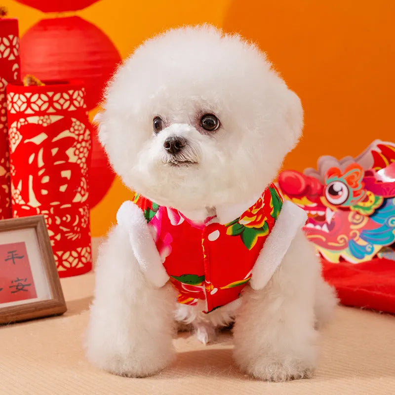 Red winter dog vest with huge peony floral pattern and D-ring, plush lined jacket for small to medium pets