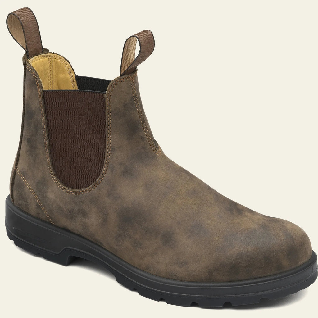 Vintage brown Chelsea boots with frosted PU upper and car suture detailing on a beef tendon sole