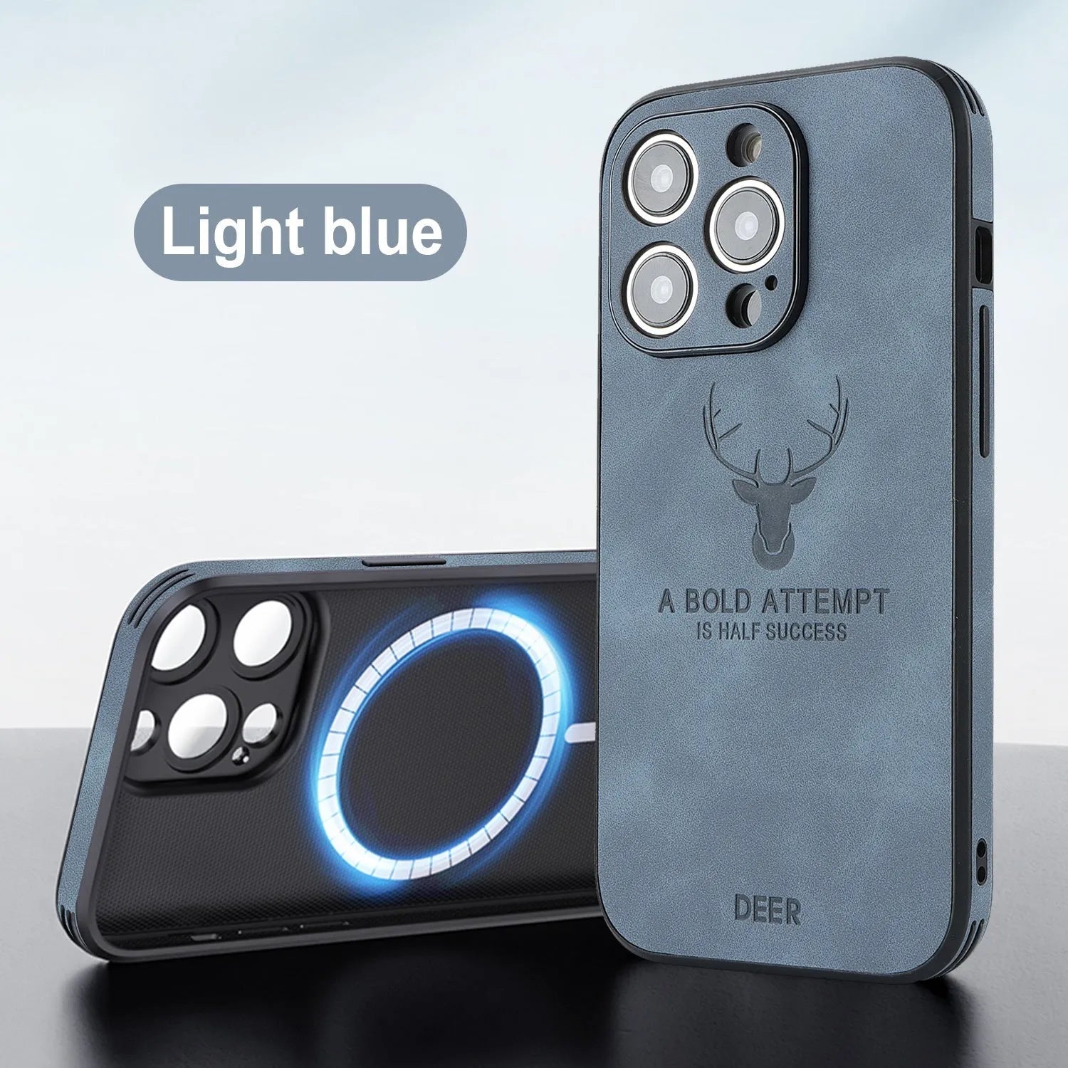 Magnetic charging iPhone 16 case with embossed moose head design in imitation leather material
