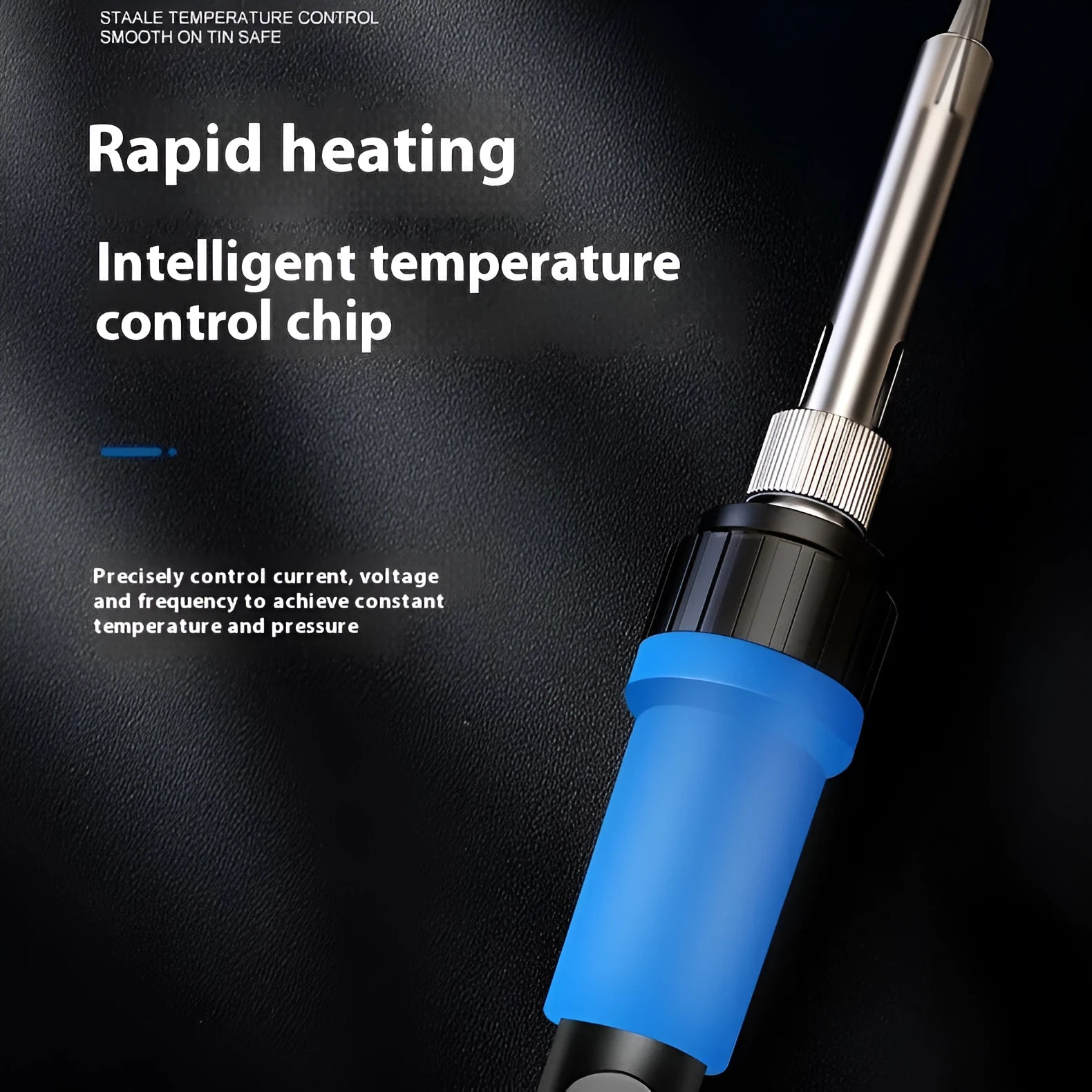 Gray 90W electric soldering iron with temperature display and five interchangeable tips