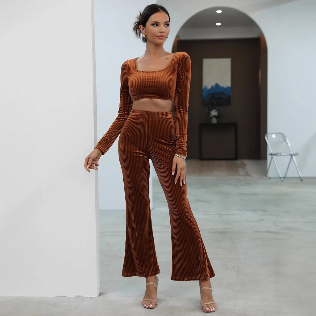 Caramel coloured long sleeve sweater and matching trousers casual set