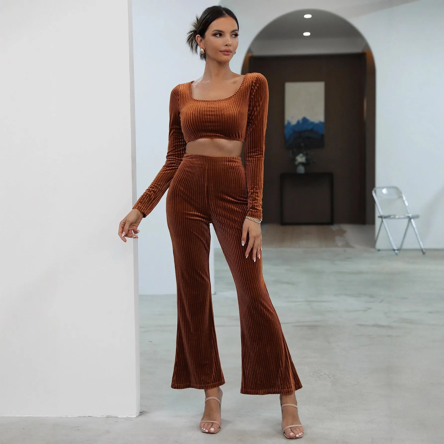 Caramel coloured long sleeve sweater and matching trousers casual set