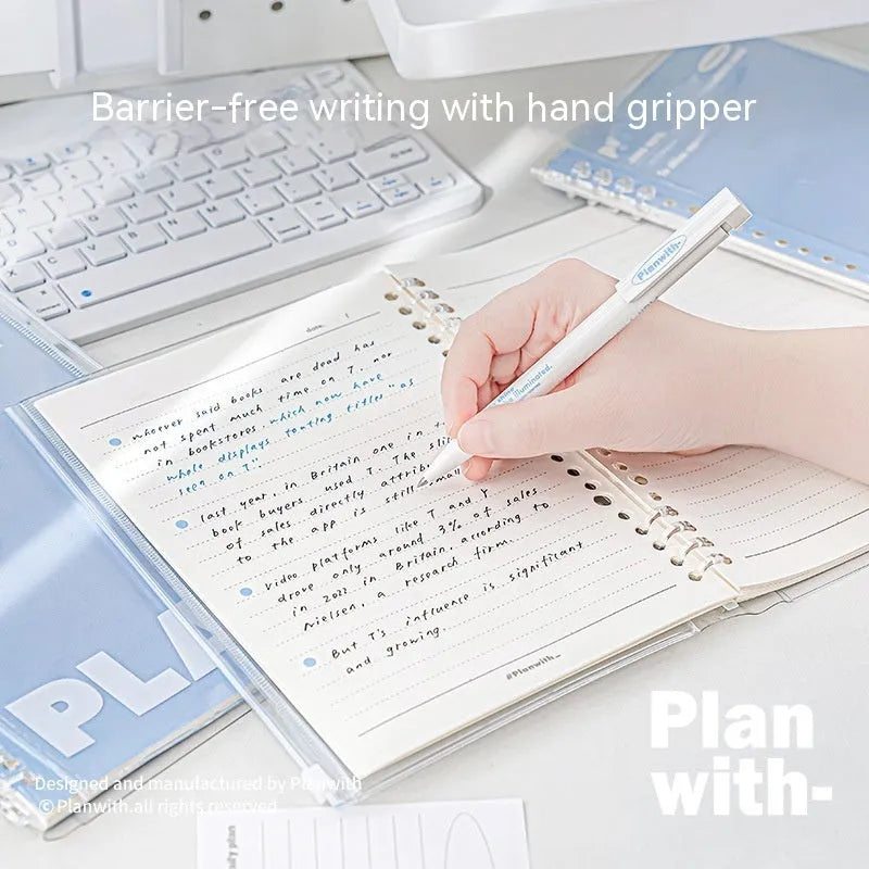 Blue and white A5 PVC spiral notebook showing spiral binding and water-resistant cover.