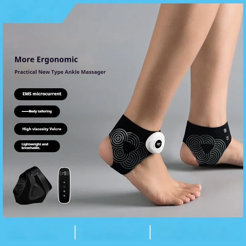 Black sports anti-odor foot massager with adjustable ankle strap and spray bottle on a table