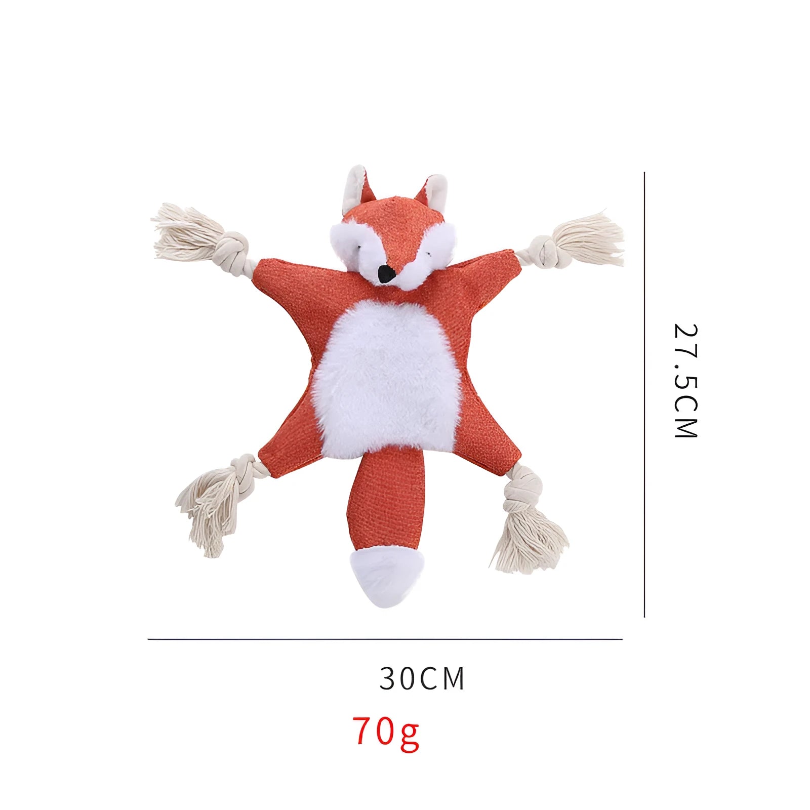 Brown fox-shaped dog toy with squeaker in head, crinkle paper body, and rope arms and legs