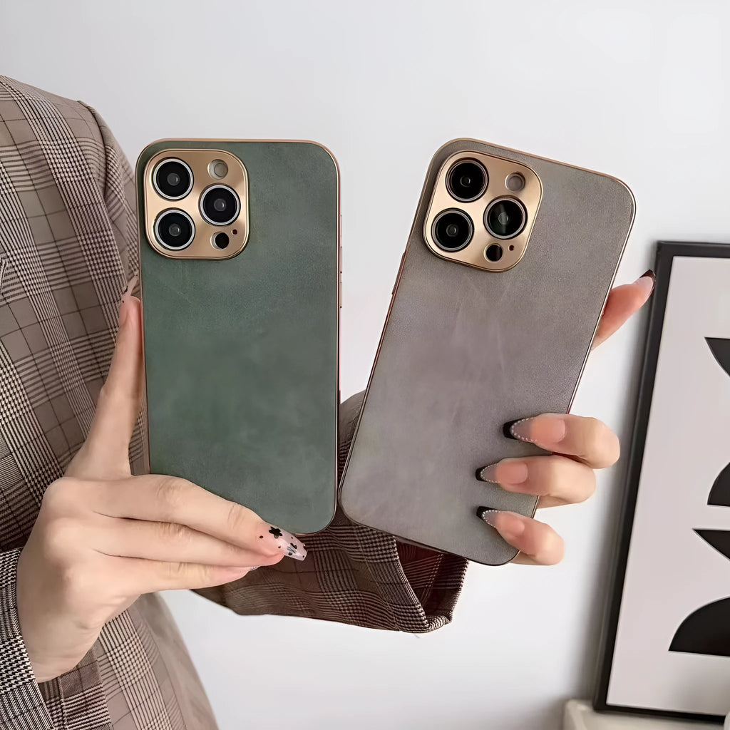 Leather texture TPU iPhone case in grey showing slim protection design for multiple models