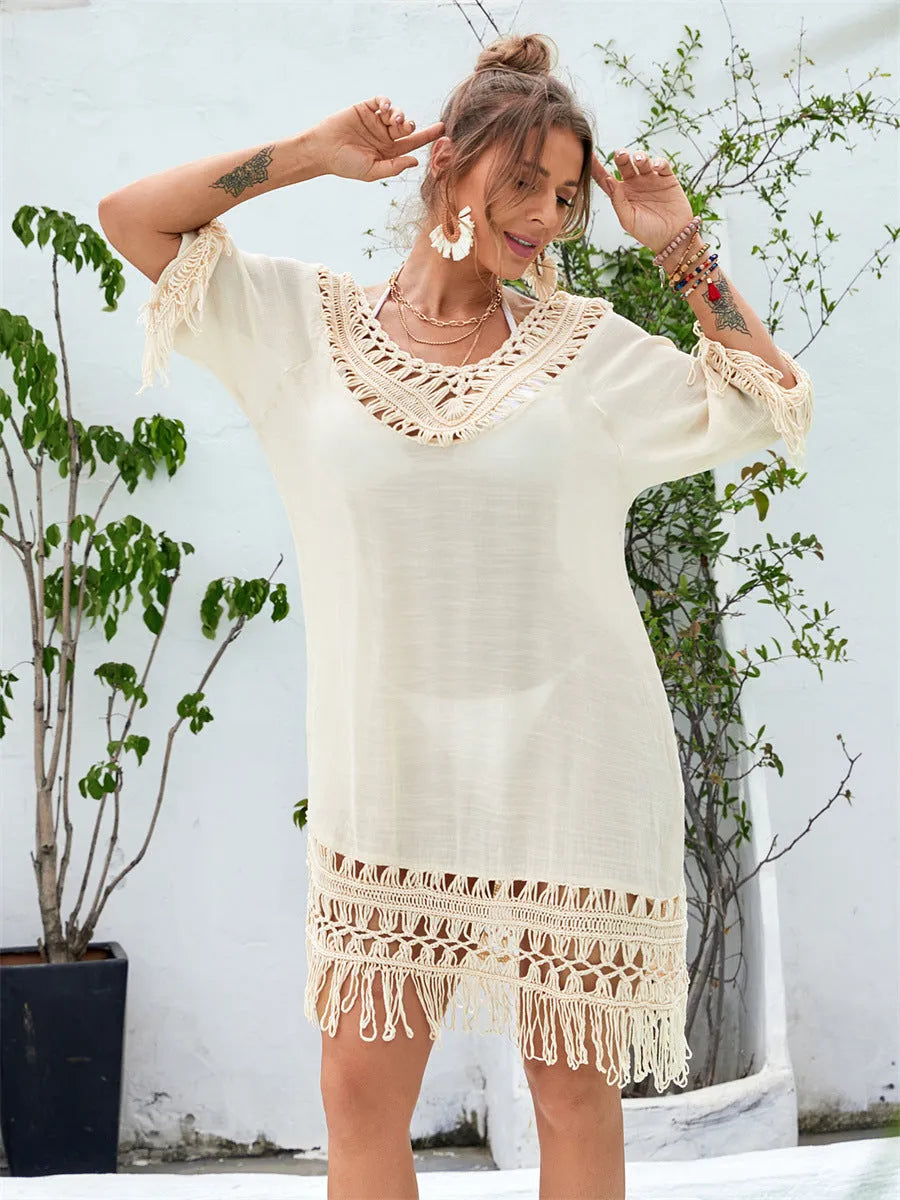 Apricot hand-crocheted women's beach dress with polyester lining for swimming and water sports