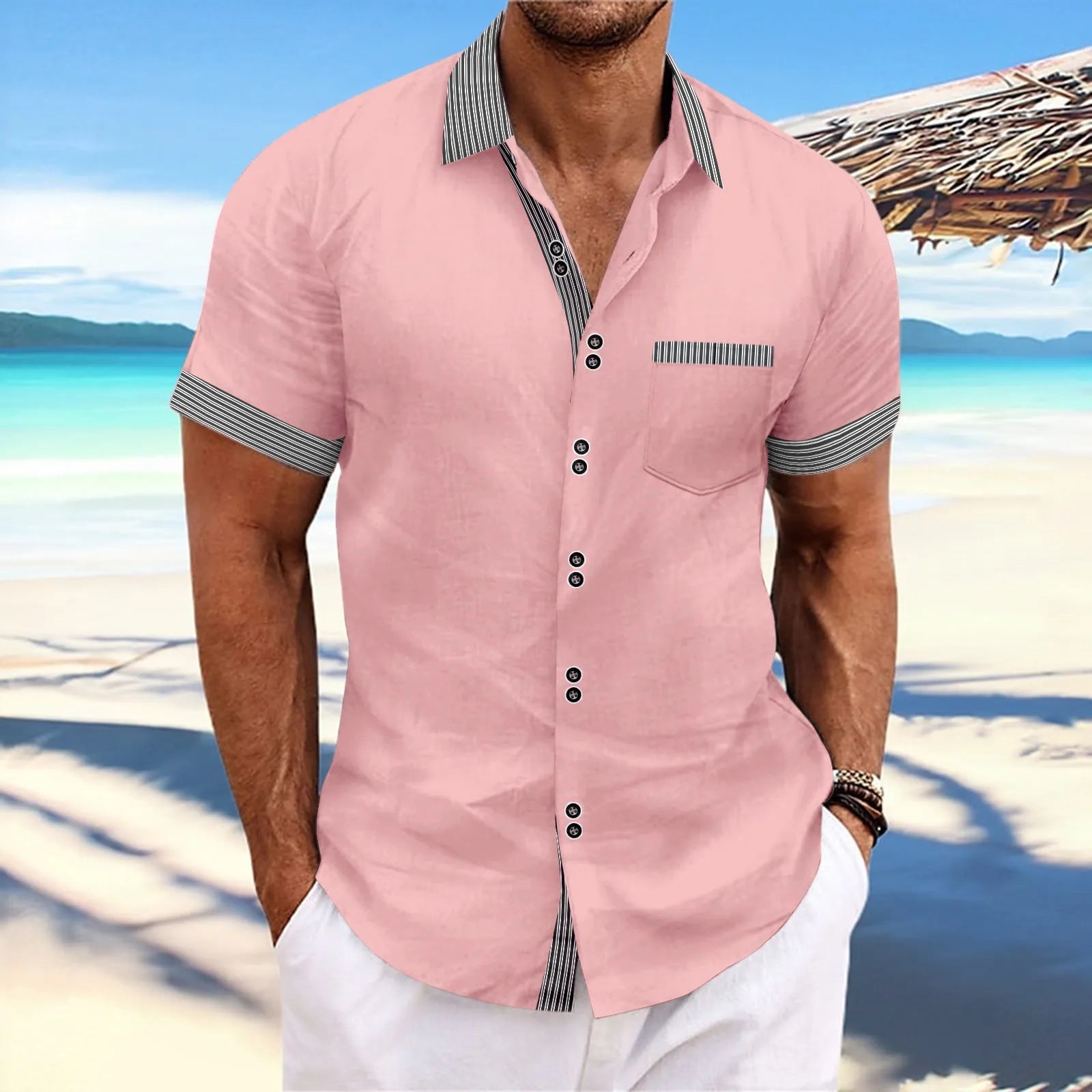 Pure cotton striped casual shirt in slim fit with short sleeves and a double-button front.