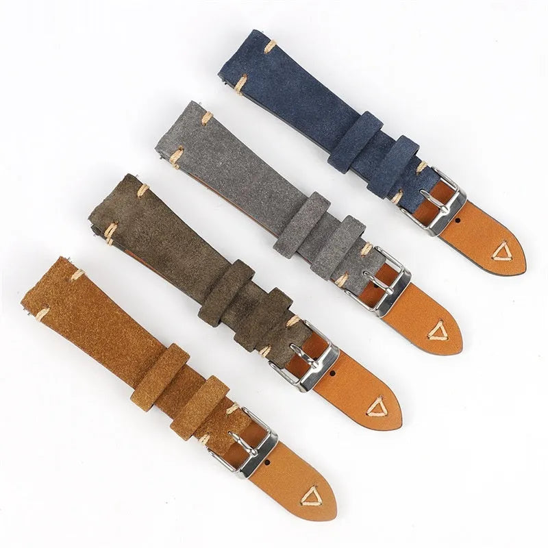 Brown suede genuine leather watch strap with exotic ethnic style design on a 20mm watch lug.