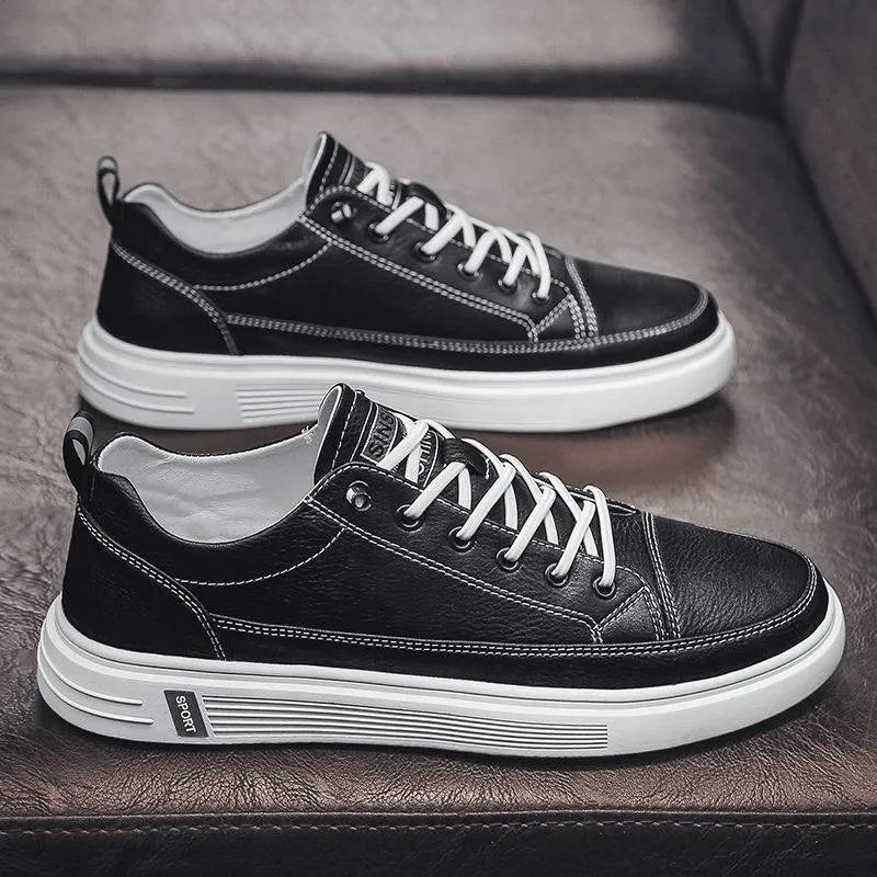 Men's white casual shoes with PU upper, round toe, flat sole, and shallow opening