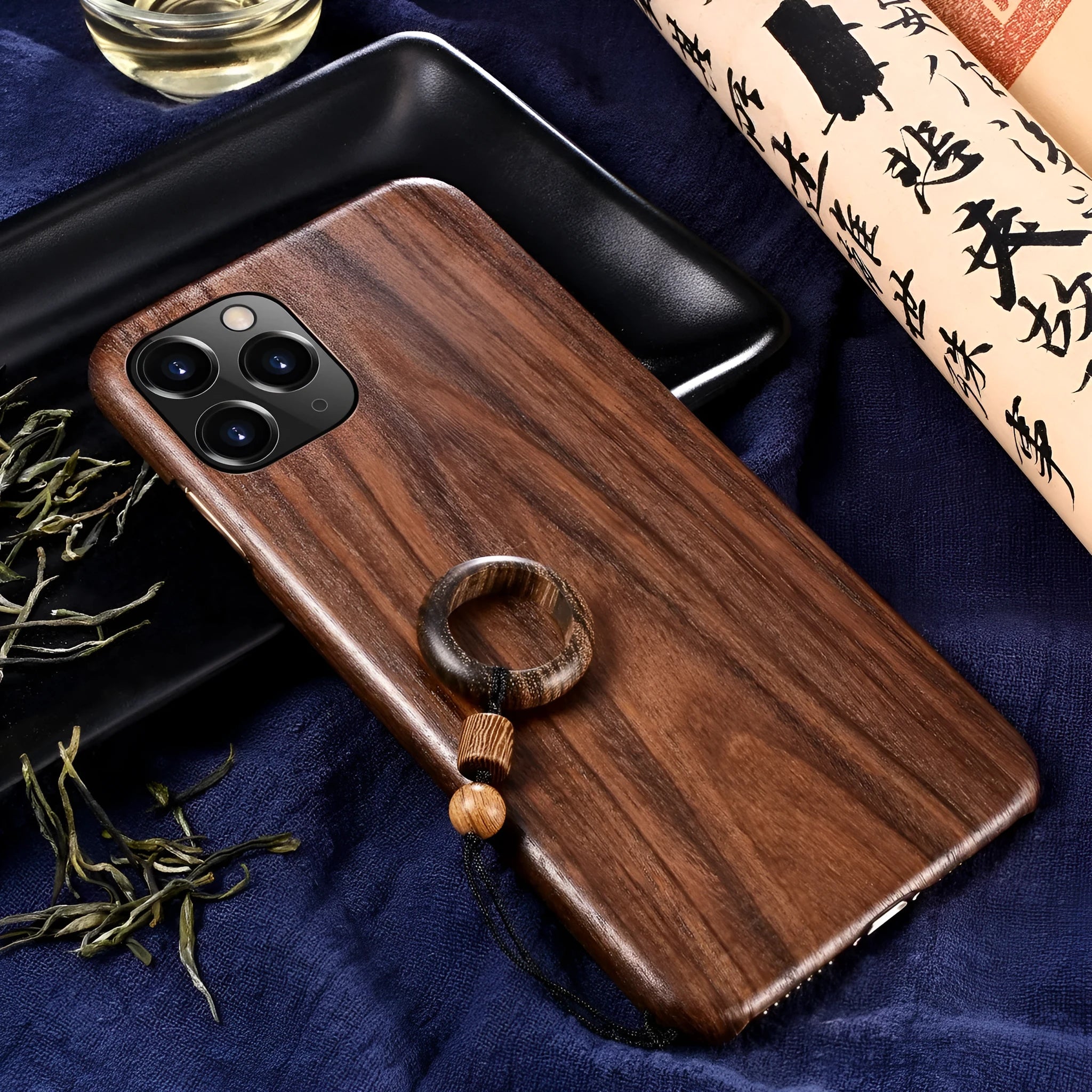 Ultra-thin frosted wood phone case for iPhone 13 in black walnut colour with wooden lanyard