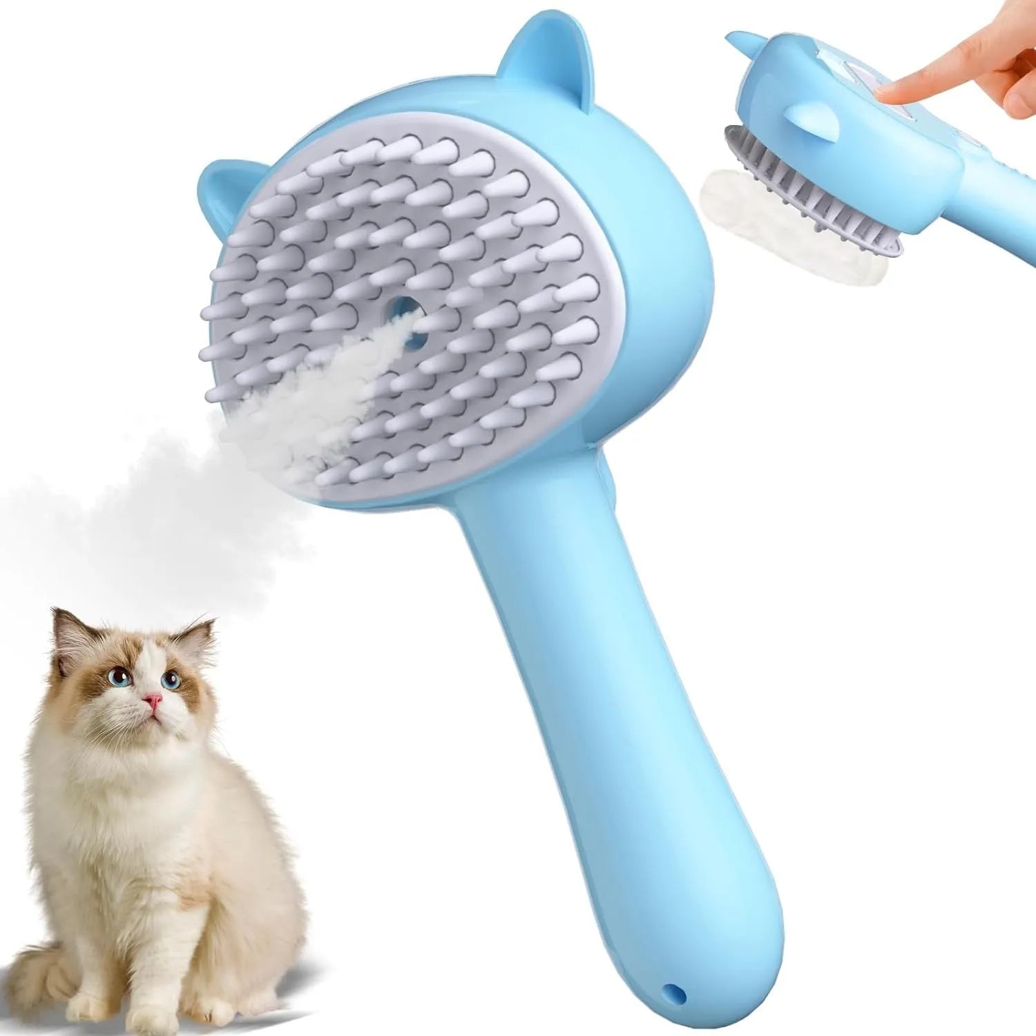 Blue pet steam brush with ergonomic handle and rubber bristles for grooming dogs cats
