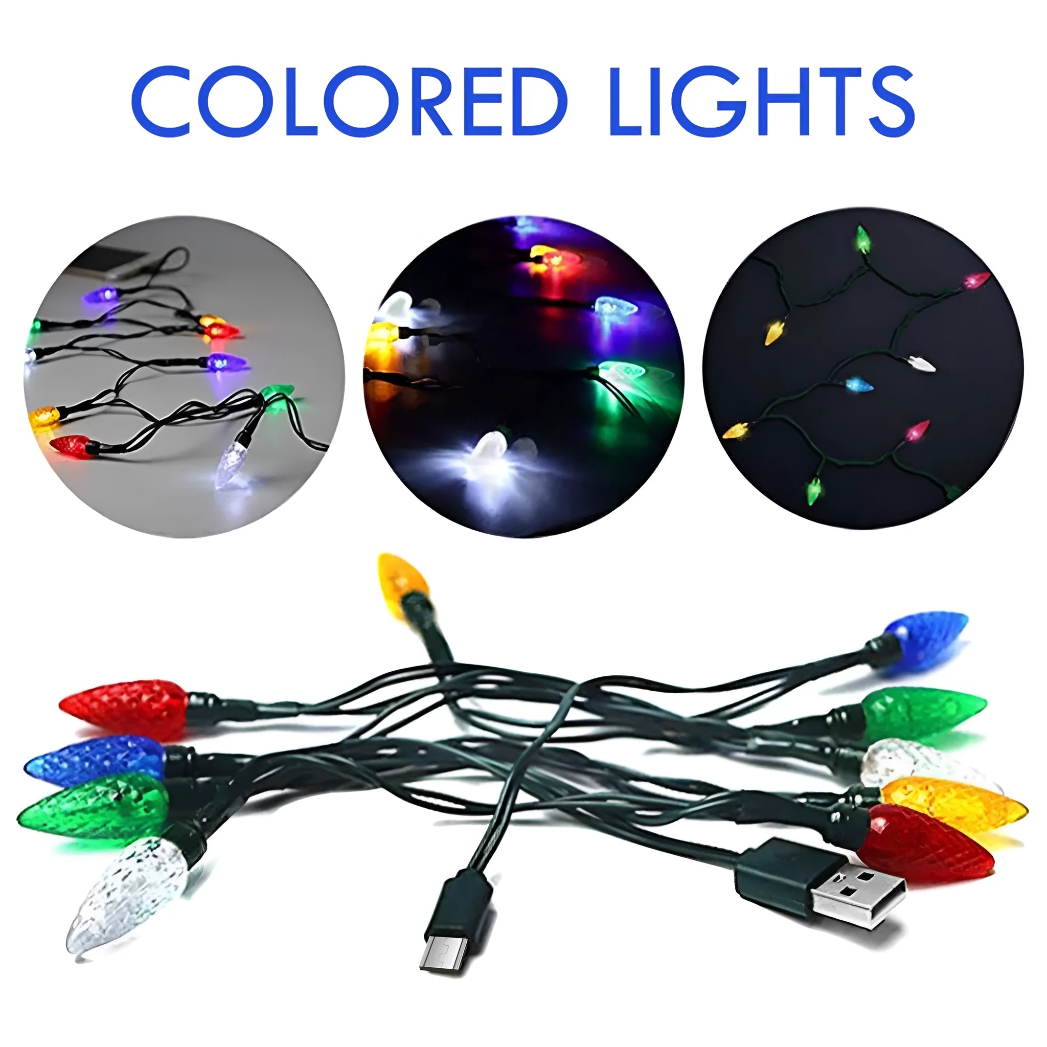 Green USB charging cable with 10 small LED lights illuminated along its length for festive decoration.