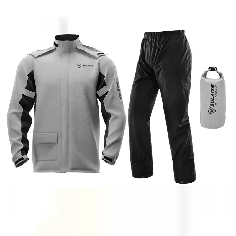Motorcycle rain suit set with raincoat, rain pants, hidden shoe covers and storage bag