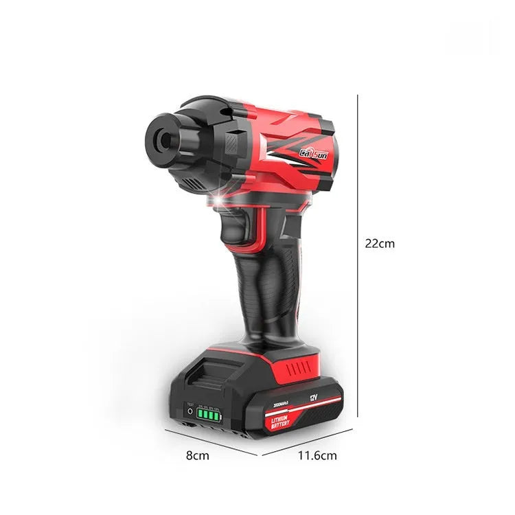 Red and black portable car wireless air pump with multiple nozzles and 3-metre power cable for tyre inflation