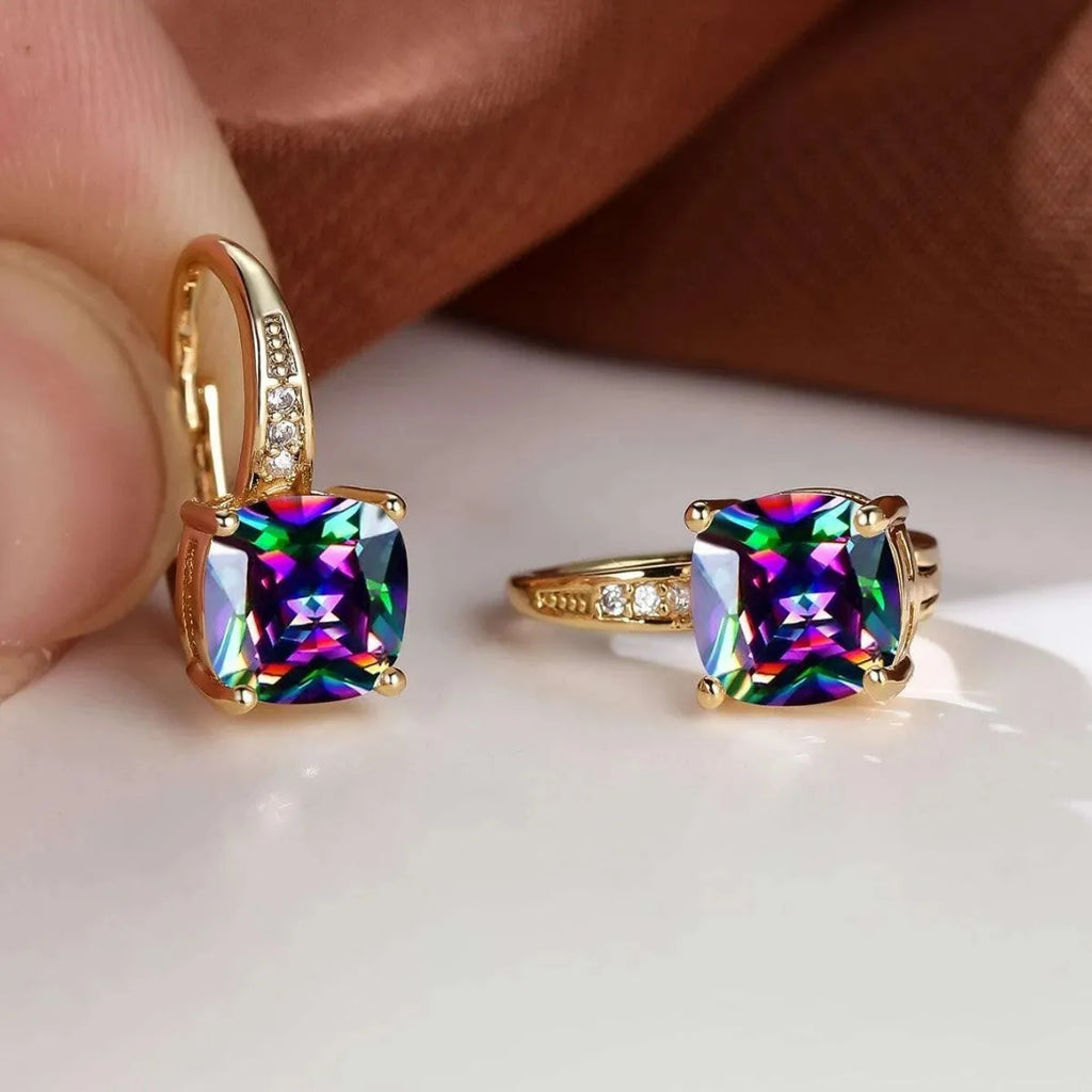 Geometric copper ear clip with colourful moissanite stones in quadrilateral pattern