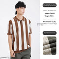Men's striped short sleeve ice silk viscose sweater with zipper decoration