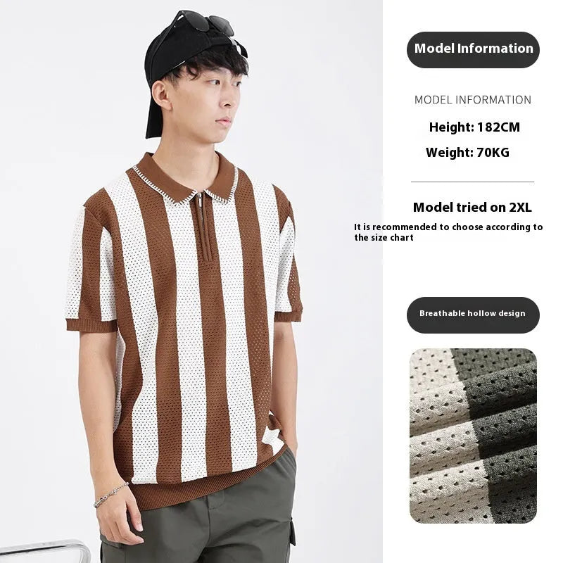 Men's striped short sleeve ice silk viscose sweater with zipper decoration