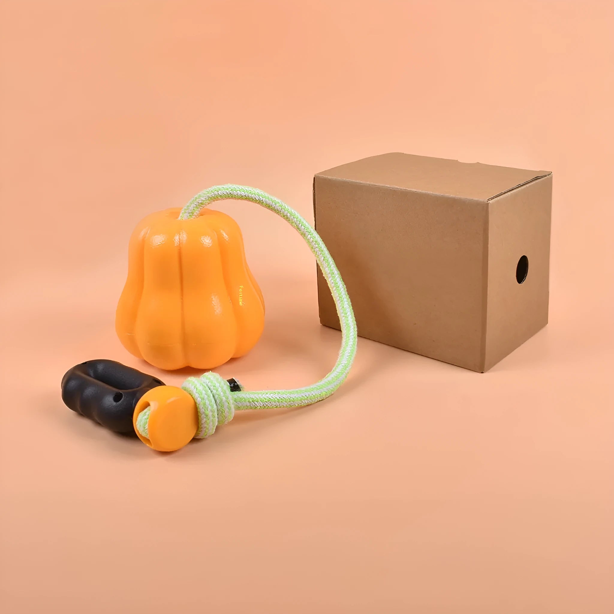 Pumpkin-shaped plastic molar dog toy with rope attached for outdoor chewing and fetch games