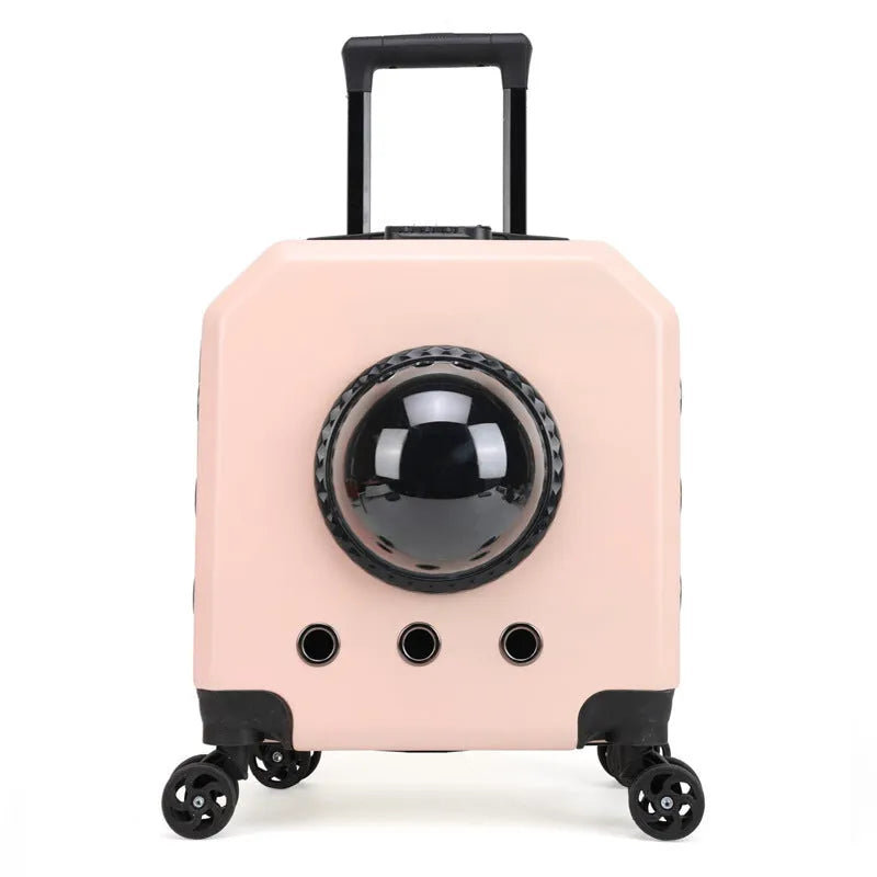 Hard-sided orange PVC pet flight case on wheels with a luggage compartment.