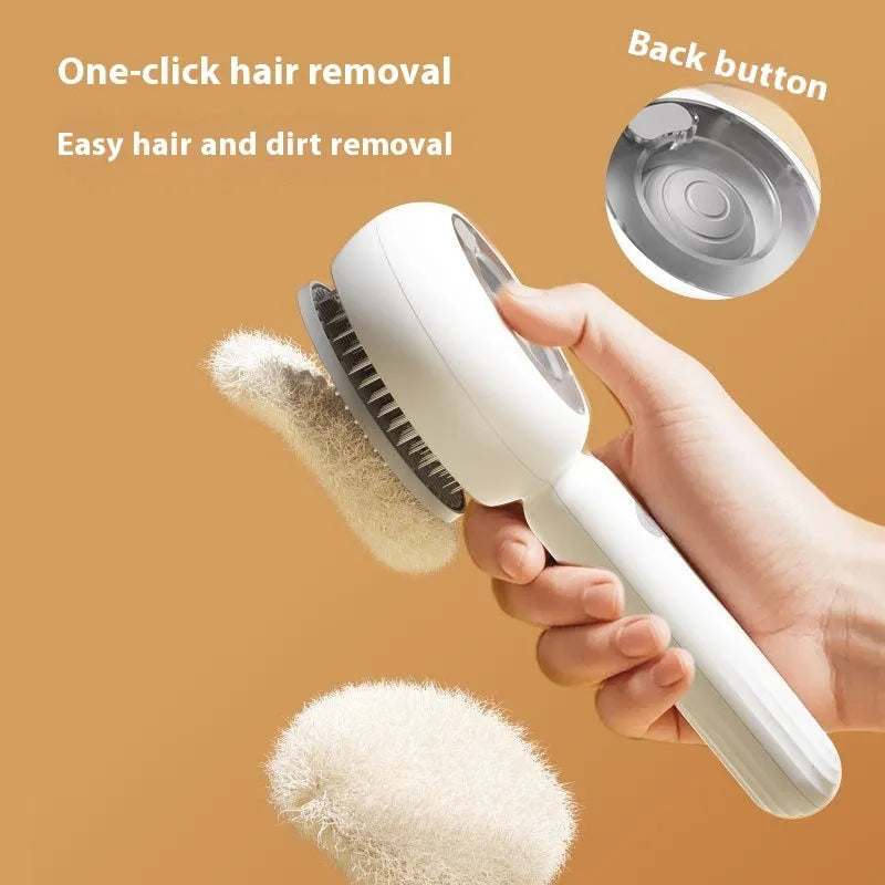 Grey and brown pet spray comb with stainless steel teeth and one-click mechanism on white background