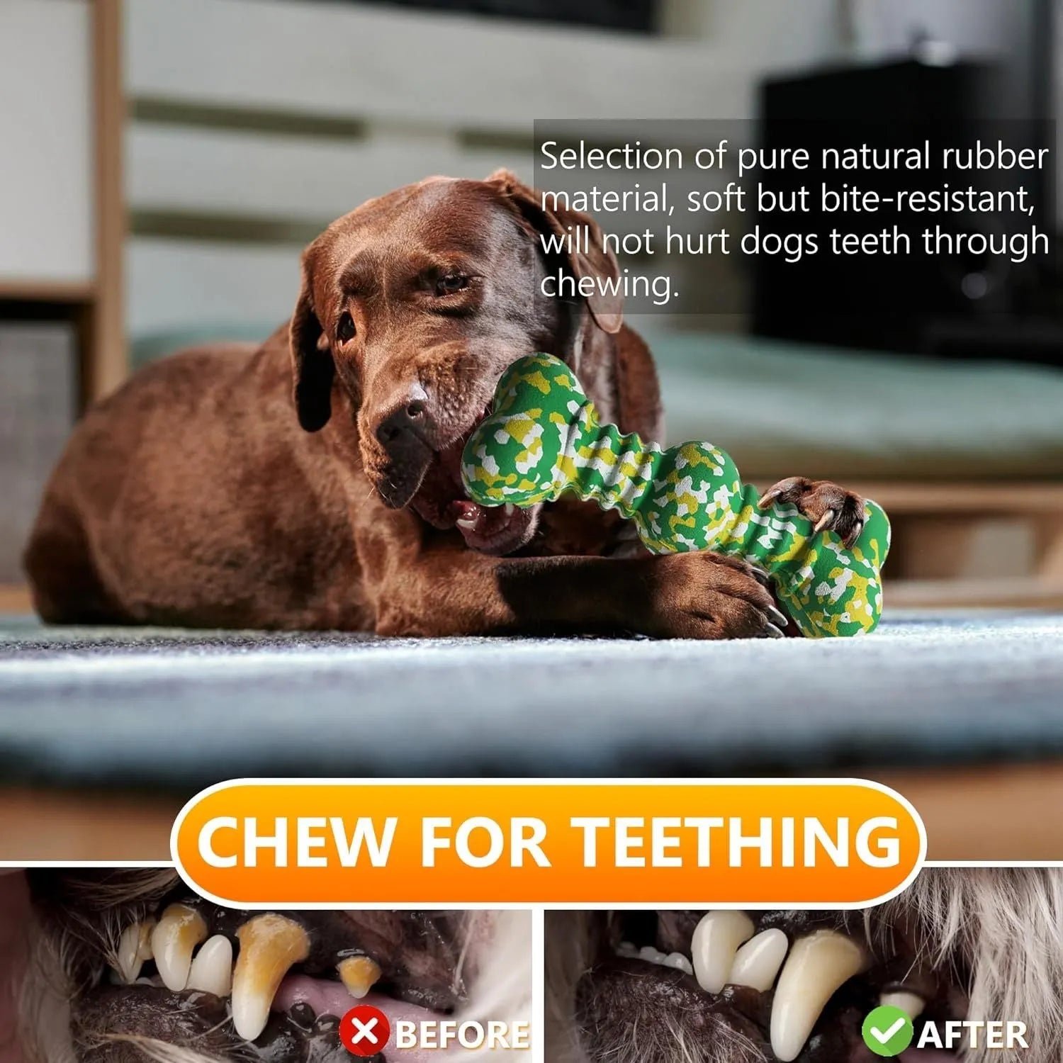 Green, white and yellow camouflage pattern natural rubber dog chew toy for large breeds