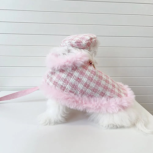 Pink cat clothing set with beret and cape for pet costume wear
